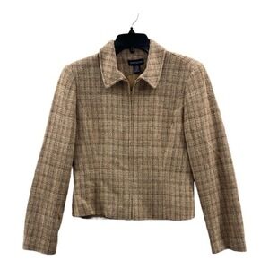 Ann Taylor Womens Jacket Coat Brown Plaid Waist Length Full Zip Collar 6 New